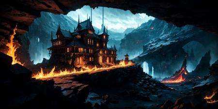 ((a demon castle on a high mountain cliff)) ,  shell element,  crazy curve on Tensor.Art