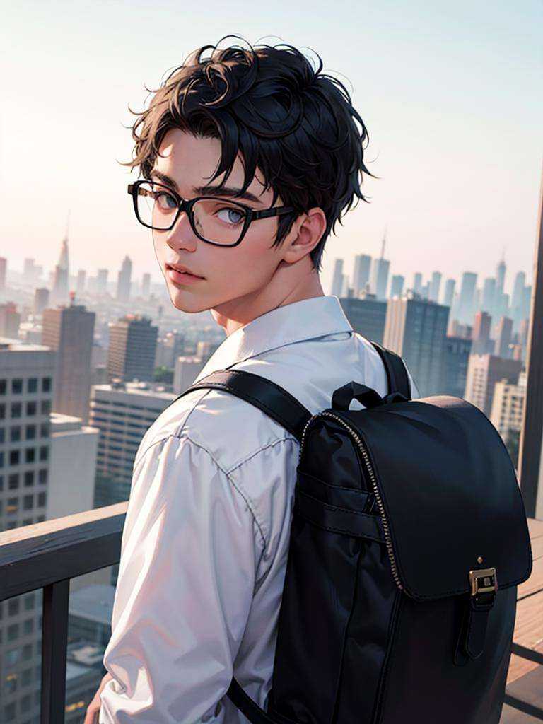 best quality,masterpiece,highres,realistic,1boy,upper body, looking at viewer,city, rucksack, white shirt, black-framed eyewear, <lyco:niji (2):1.0>,niji3,