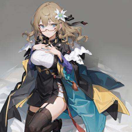 masterpiece, best quality, 1man,(solo:1.3),standing,official art, simple background, close-up,looking at viewer, KisaragiAyane,long hair,blue eyes,glasses,hair ornaments,blonde hair,huge breasts,