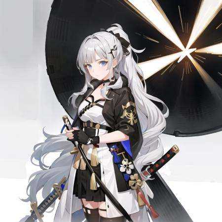masterpiece, best quality, 1girl,(solo:1.3),standing,official art, simple background, close-up,looking at viewer, SaionjiKazuha,long hair,ponytail,white hair,blue eyes,katana, 