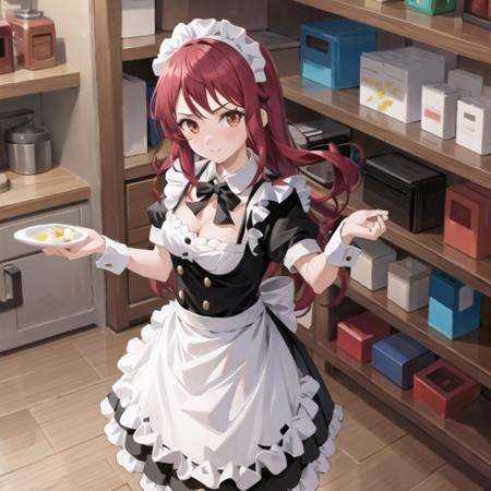 masterpiece, best quality, 1man,(solo:1.3),standing,official art, simple background, close-up,looking at viewer, KujouRiu,long hair,red eyes,purple hair,huge breasts,kitchen, maid, 