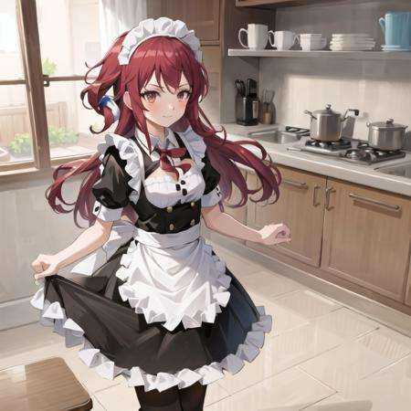 masterpiece, best quality, 1man,(solo:1.3),standing,official art, simple background, close-up,looking at viewer, KujouRiu,long hair,red eyes,purple hair,huge breasts,kitchen, maid, 