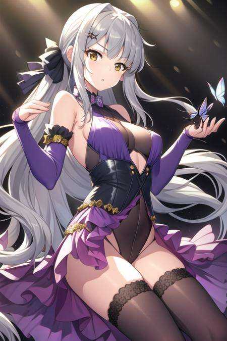 masterpiece,best quality,1girl,(solo:1.2),<lora:Yui(Majsoul)-000008:0.8>,Majsoul,YuiYagi,Yui_dancer,long hair,sliver hair,yellow eyes,standing,upper body,from side,purple dress,butterfly,black thighhighs,detached sleeves,black bodysuit,