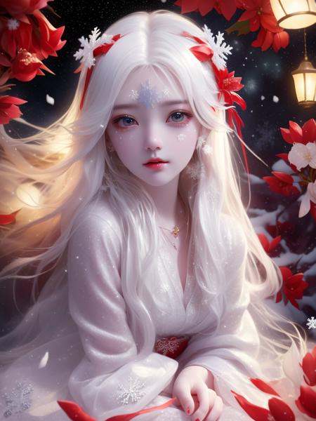 (((masterpiece))), (((best quality))), ((ultra-detailed)), (illustration),beautiful detailed sky ,night,stars,(1girl)((an extremely delicate and beautiful girl)),red eyes,dramatic angle,small breasts,(((full body))),hood,cold face and white shirt,(((long white hair))),(red hair),(red plum blossom),((winter)),(((snowflakes))){{{{{{detailed cute anime face}}}}}},cinmatic lighting,((red and white flowers))，hairs between eyes, expressionless, young girl,(((Facing the lens))),(starry sky),((Beautiful face)),((full body)),(sitting),depth_of_field,((colorful)),scenery,hair_flower,lantern,christmas,(starfall)<lora:Dream:0.65>