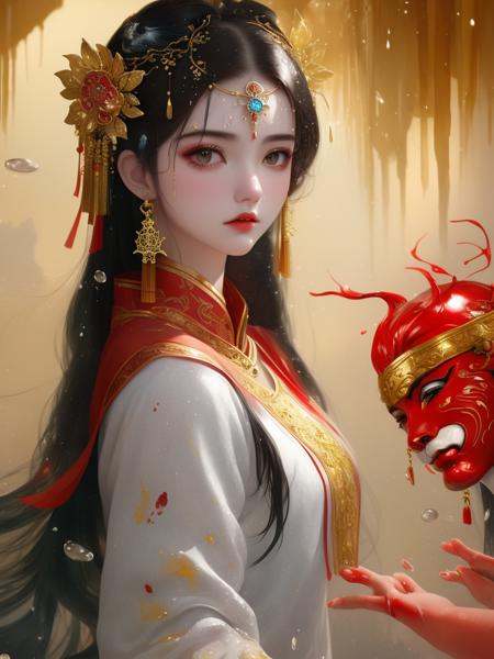 dramatic angle,(fluttered detailed ink splashs), (illustration),(((1 girl))),(long hair),(rain:0.6),((expressionless ,Carmine hair ornament:1.4)),(There is a palace far away from the girl),chinese clothes,((focus on the girl)), color Ink wash painting,(ink splashing),(Huaqing splashing),((colorful)),[sketch], Masterpiece,best quality, beautifully painted,highly detailed,(denoising:0.7),[splash ink],yin yang<lora:Dream:0.7>