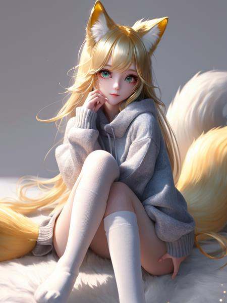 sfw,fox girl,big tail,fox ears,fox tail,kawaii,1girl,golden eyes,golden hair,beautiful,single tail,little girl,highly detailed,fluffy tail,knee high socks,pure white background,grey and white gradient sweatshirt<lora:Dream:0.7>
