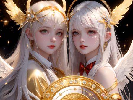 (((masterpiece))),(((crystals texture Hair))),(((((extremely detailed CG))))),((8k_wallpaper)), (1 girls:1.5),big top sleeves, floating,beautiful detailed eyes, overexposure, side blunt bangs, buttons, bare shoulders,light shafts, soft focus, character focus,wings,(((Transparent wings))),[[((Wings made of golden lines,angel wing,gold halo around girl,many golden ribbon,Aureate headgear,gold magic circle in sky,ight, black sky):1.3):((galaxy background, snowflakes, night sky, black pupils, starts sky background, stars behind girl, view on sky,standing):0.8)],[(Elegant hair,Long hair,The flying golden lines,Messy golden lines,halo,hairs between eyes,Small breasts,ribbons, bowties,red eyes, golden pupil, white hair,flowing hair,disheveled hair,lowing long hair):(Delicate arms and hands):0.8],tyndall effect,photorealistic, dark studio, rim lighting, two tone lighting,(high detailed skin:1.2), 8k uhd, dslr, soft lighting, high quality, volumetric lighting, candid, Photograph, high resolution, 4k, 8k, Bokeh<lora:Dream:0.65>