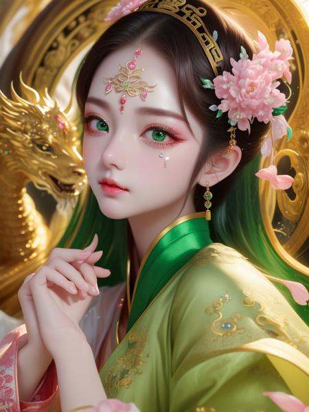 ((masterpiece)),((best quality)),(ultra-detailed),(illustration),((an extremely delicate and beautiful)),(dynamic angle),chinese dragon,china,1girl,(beautiful detailed eyes),cute pink eyes,green pupil,detailed face,upper body,messy floating hair,disheveled hair,focus,perfect hands<lora:Dream:0.65>