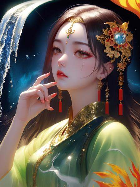 dramatic angle,(fluttered detailed ink splashs), (illustration),(((1 girl))),(long hair),(expressionless ,hair ornament:1.4),chinese clothes,night sky,(the girl is by the waterfall),color Ink wash painting,(ink splashing),(Huaqing splashing),(colorful),[sketch], Masterpiece,best quality, beautifully painted,highly detailed,(denoising:0.7),[splash ink],yin yang,((focus on the girl)),middle finger<lora:Dream:0.7>