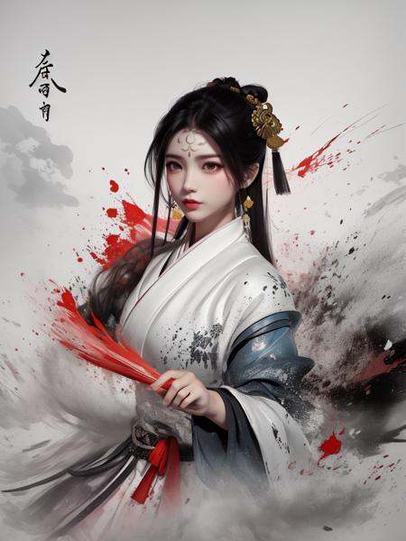 dramatic angle,(fluttered detailed ink splashs), (illustration),(((1 girl))),(long hair),(rain:0.6),((expressionless ,Carmine hair ornament:1.4)),(There is a palace far away from the girl),chinese clothes,((focus on the girl)), color Ink wash painting,(ink splashing),(Huaqing splashing),((colorful)),[sketch], Masterpiece,best quality, beautifully painted,highly detailed,(denoising:0.7),[splash ink],yin yang <lora:WuMo2:1>