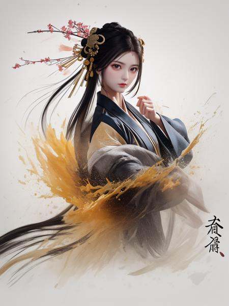 dramatic angle,(fluttered detailed ink splashs), (illustration),(((1 girl))),(long hair),(rain:0.6),(expressionless ,hair ornament:1.4),there is an ancient palace beside the girl,chinese clothes,(focus on), color Ink wash painting,(ink splashing),color splashing,((colorful)),[sketch], Masterpiece,best quality, beautifully painted,highly detailed,(denoising:0.7),[splash ink],yin yang <lora:WuMo2:1>