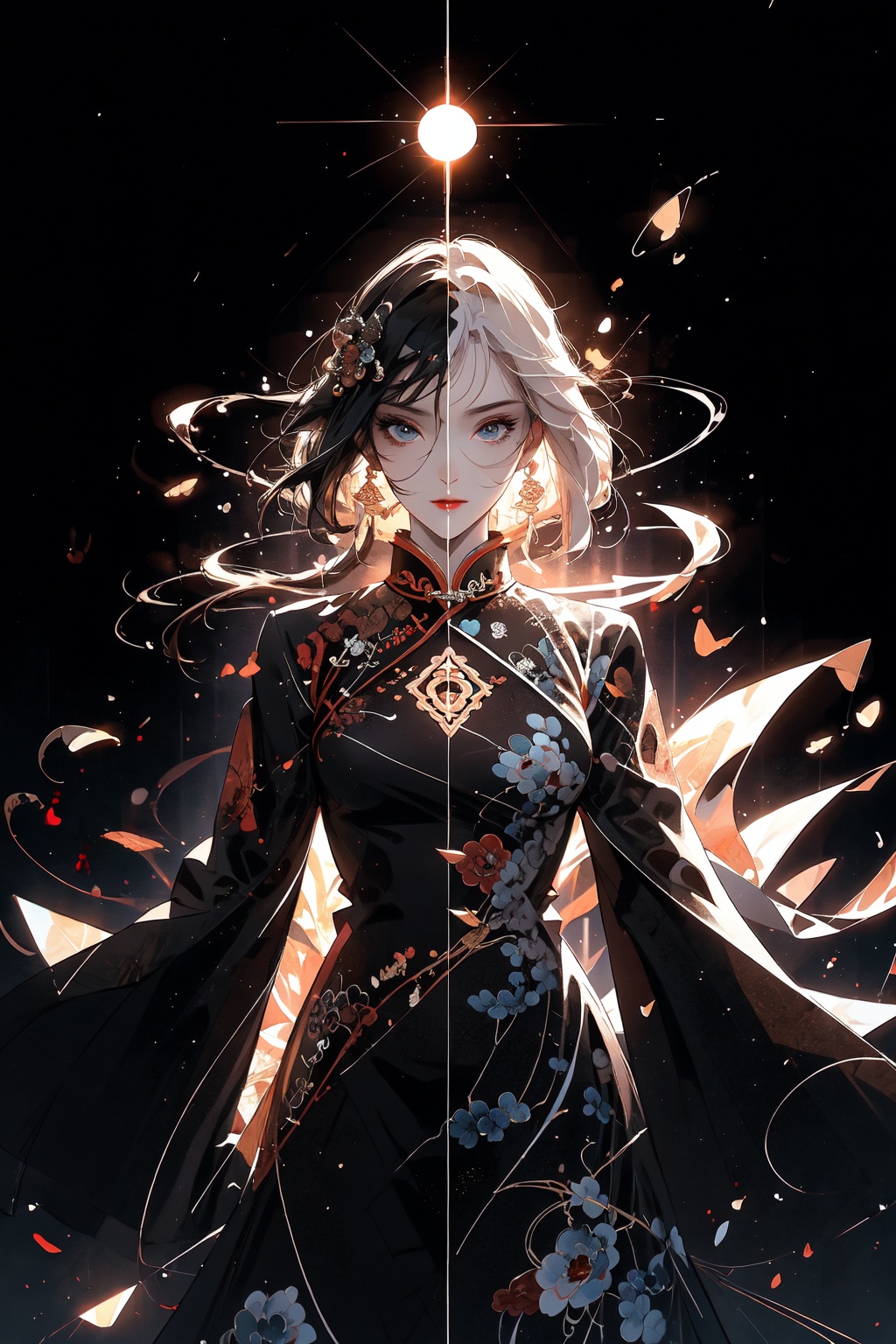 official art, unity 8k wallpaper, ultra detailed, beautiful and aesthetic,beautiful, masterpiece, best quality, (zentangle, mandala, tangle, entangle), dynamic angle, cowboyshot, the most beautiful form of chaos, elegant, a brutalist designed, vivid colours, romanticism, by james jean, roby dwi antono, ross tran, francis bacon, michal mraz, adrian ghenie, petra cortright, gerhard richter, takato yamamoto, ashley wood, atmospheric, enjoying a stream of music,qipao,Chinese style,taoist,triangle black hole
