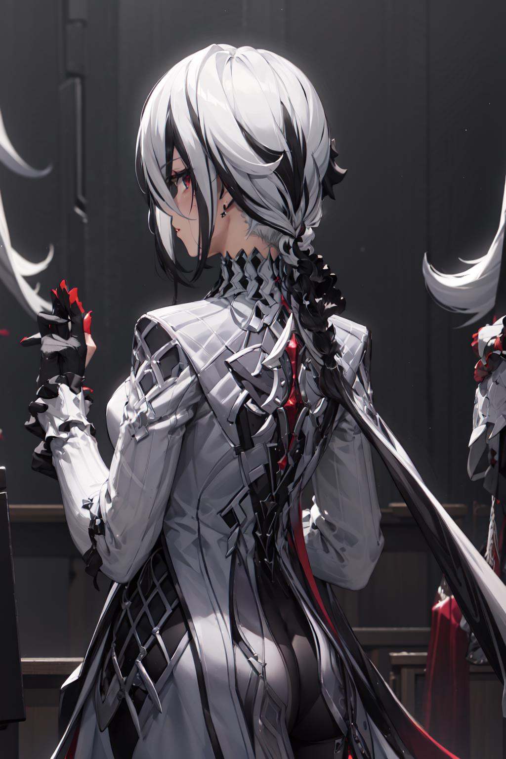 1girl, solo, white hair, black hair, multicolored hair,   <lora:arle:1> , arle_suit, from behind,  