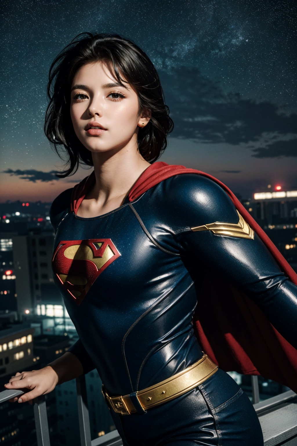Best quality,masterpiece,ultra high res,(photorealistic:1.4),(starry sky:1.3),on the rooftop,(the city cyberpunk background:1.1),upper body,intricate details,Edge light,dramatic angle,(dynamic pose:1.2),depth of field,1girl,looking at viewer,wearing super man suit,LOMO,<lora:LOMO_bate_2.0:0.7>,, (masterpiece:1.1, highres:1.4),1 girl,(soft blending:1.2),fluid colors,dreamy washes,fantasy,dream world:1.8,cowboy shot,Fantasy Style,<lora:kav3-02:0.7:1,1,1,1,1,0,0.2,0,0.8,1,1,0.2,0,0,0,0,0>,