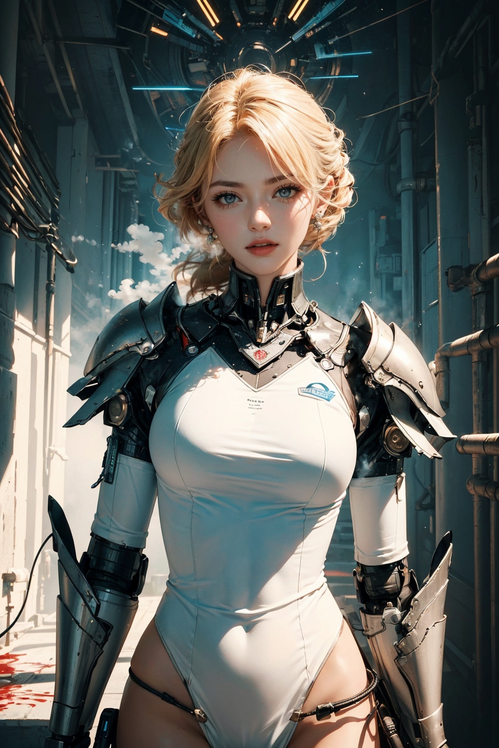 (The whole scene is covered with steam:1.5),1mechanical girl with kidou keisatsu patlabor body,wearing intricate bioluminescent mechanical cyborg armor made out of (white beige old plastic),((ultra realistic details)),detailed_face,global_illumination,shadows,octane_render,8k,ultra_sharp,metal,ornaments_detailed,cold_colors,egypician_detail,highly_intricate_details,realistic_light,trending_on_cgsociety,glowing_eyes,facing_camera,neon_details,machanical_limbs,blood_vessels_connected_to_tubes,((lot_wires_and_cables_connecting_to_head_and_body)),killing_machine,extremely_sexy,lustful,slutty,blonde hair,More details,<lora:LOMO_bate_2.0:0.8>,, (masterpiece:1.1, highres:1.4),1 girl,(soft blending:1.2),fluid colors,dreamy washes,fantasy,dream world:1.8,cowboy shot,Fantasy Style,<lora:kav3-02:0.7:1,1,1,1,1,0,0.2,0,0.8,1,1,0.2,0,0,0,0,0>,