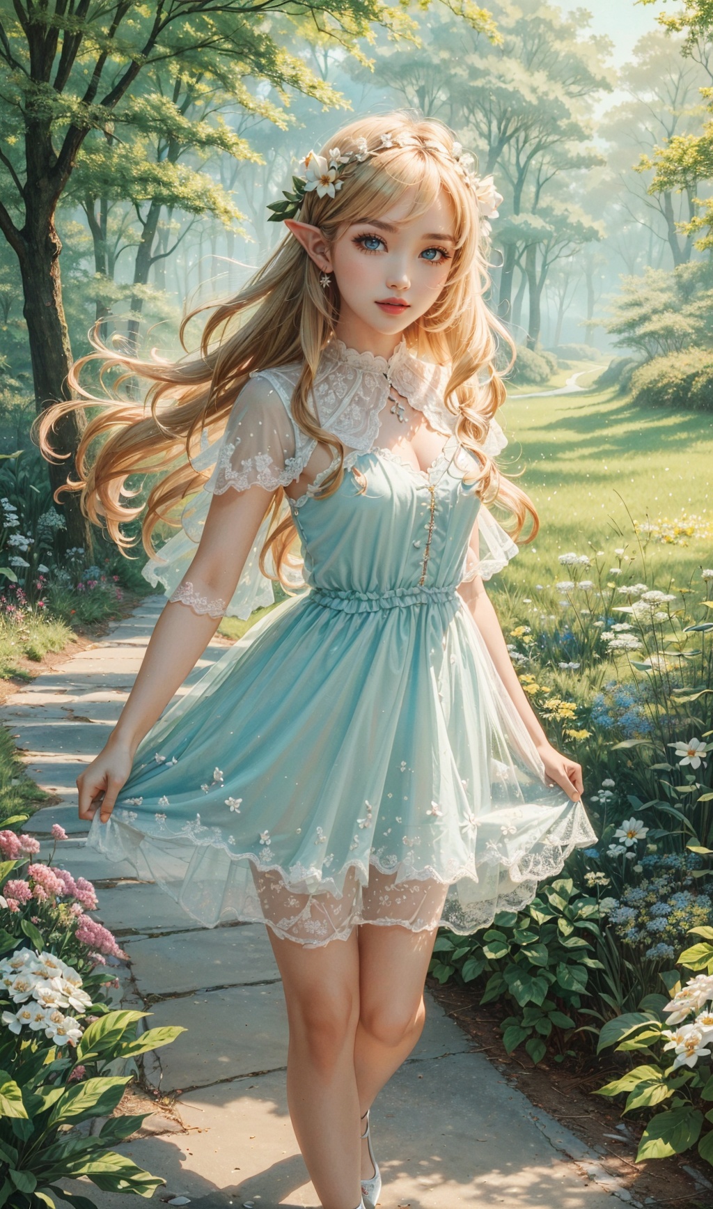 (loli),MountOlympus,Greekmythology,ElvishLand,((masterpiece)),(((bestquality))),((beautifuldetailedeyes)),(eyelash),standing,Europa,sunshine,forest,butterfly,(flowers),1girlWearingTransparentGreekdress,blondehair,buleeyes,Ribbon,himecut,longhair,Shinyskin,oil,smallbreast,princess,Elf,extremelydetailedCGunity8kwallpaper,masterpiece,((ultra-detailed)),((illustration)),colorful,wallpaper,evilsmile,fang,noseblush,(flowerhairpin,Floralornament,flowergater),flowersonface,growth,natur,highheels,fullbody,wetclothes,saliva,tongue,steamingbody,steamoutfrommouth,LOMO,<lora:LOMO_bate_2.0:0.8>,, (masterpiece:1.1, highres:1.4),1 girl,(soft blending:1.2),fluid colors,dreamy washes,fantasy,dream world:1.8,cowboy shot,Fantasy Style,<lora:kav3-02:0.7:1,1,1,1,1,0,0.2,0,0.8,1,1,0.2,0,0,0,0,0>,