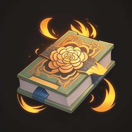 a book,flowers,Chinese style,feather,reasonable structure, blackbottom, high definition, game icon,(2d ),black background <lora:loraring:0.4>