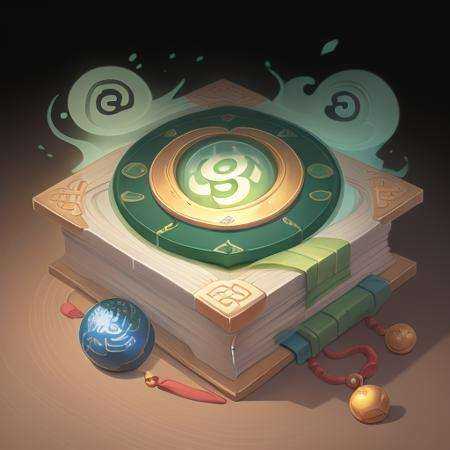 A book in Chinese style,no_humans, green_background, flower letterboxed,round beads, pendant, structured, blackBottom, high-definition, game icon, black background <lora:book:0.5>
