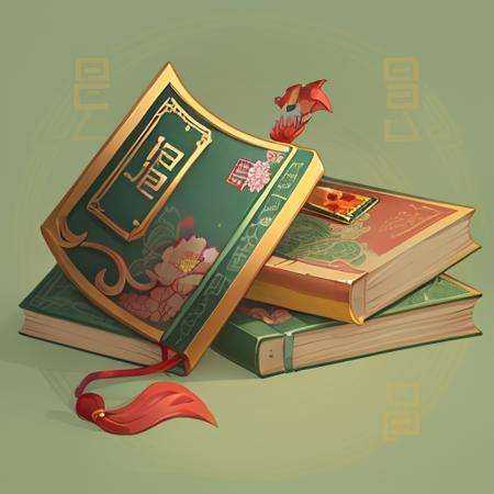 A Chinese style book, pendant, flower, pattern, reasonable structure, blackBottom, HD, game icon, Chinese pattern,Chinese style, (2d), (black background), <lora:loraring:0.5>