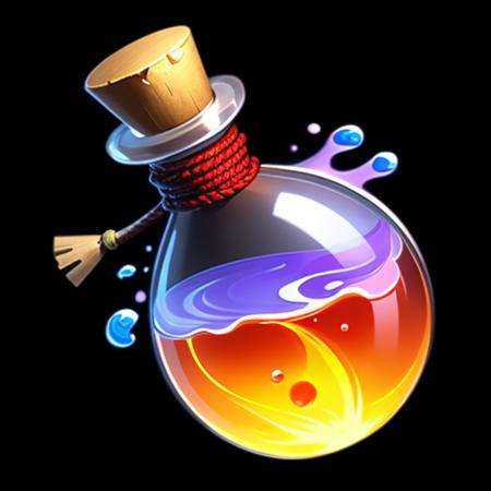 (masterpiece),(best quality),(ultra-detailed),a bottle, Splash, water, cool, burning, rainbow colors,Splash, water, cool, burning, rainbow colors,gems, rope,reasonable structure, blackbottom, high definition, game icon,Chinese pattern, Chinese style,(2d ),black background <lora:bottle:0.4>