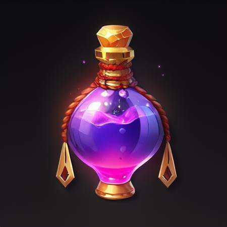 Bottle of magic potion, pendant, rope, reasonable structure, blackBottom, HD, game icon, black background, perfect work,