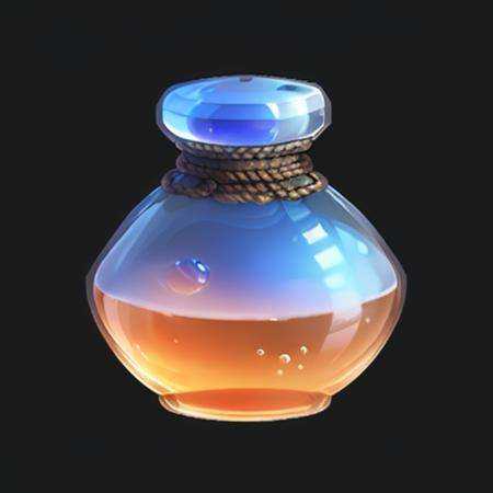 a bottle,Cube-shaped bottle, gems, rope,reasonable structure, blackbottom, high definition, game icon,Chinese pattern, Chinese style,(2d ),black background