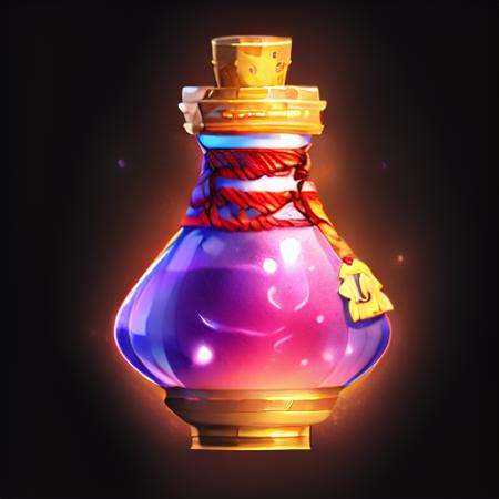 A bottle of magic Potion,pendant,rope,reasonable structure, blackbottom, high definition, game icon,Chinese pattern, Chinese style,(2d ),black background <lora:last:1>