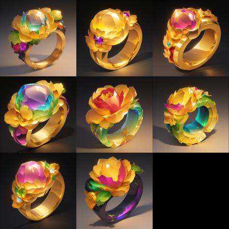 A rainbow-colored ring made of gemstones, floral motifs, exquisite beauty, (fantasy), (masterpiece, top quality, best quality, official art, beautiful and aesthetic:1.2), (8k, best quality, masterpiece:1.2), high definition, game icons, official artwork, (2D), black background.  <lora:戒指:0.5>  <lora:aki:1>