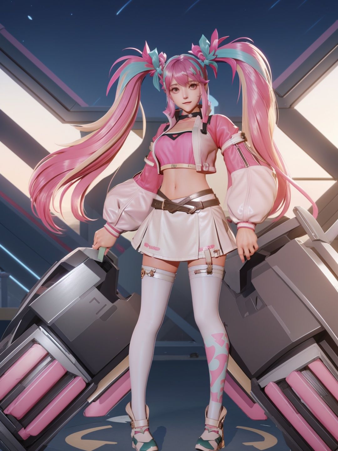 twintails, hair ornament, crop top,cityscape, night, standing, looking at viewer, long sleeves, puffy sleeves, choker, multicolored hair, jacket, navel,belt, thighhighs, long hair, skirt, standing, sitting,chair,bedroom,   <lora:SUNSHANGXIANGchenwenXY_20230713232058-000015:0.8>