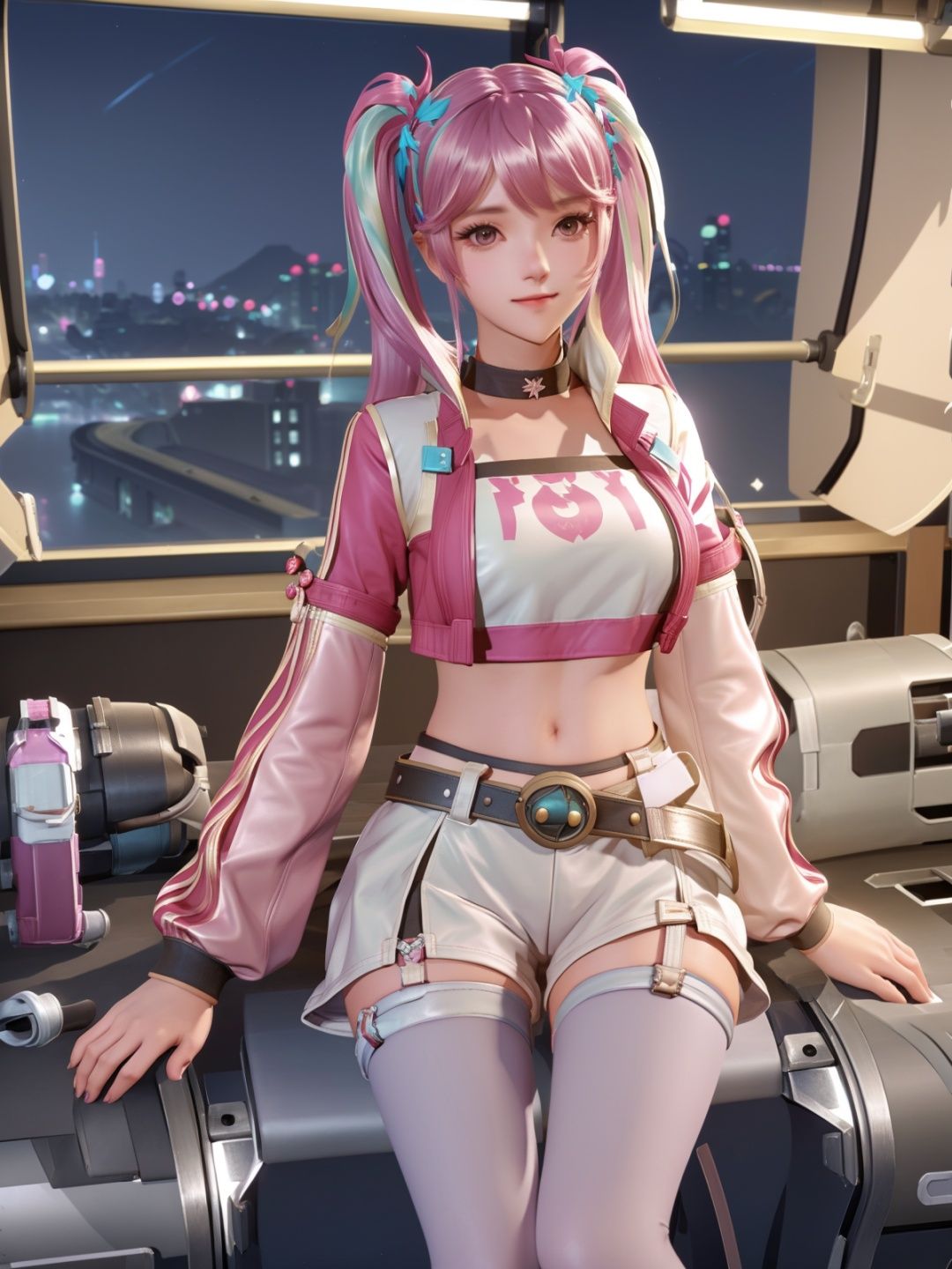 twintails, hair ornament, crop top, shorts,  <lora:SUNSHANGXIANGchenwenXY_20230713232058:0.8>,cityscape, night, standing, looking at viewer, long sleeves, puffy sleeves, choker, multicolored hair,jacket, navel,belt, thighhighs, sitting,desk,bedroom,