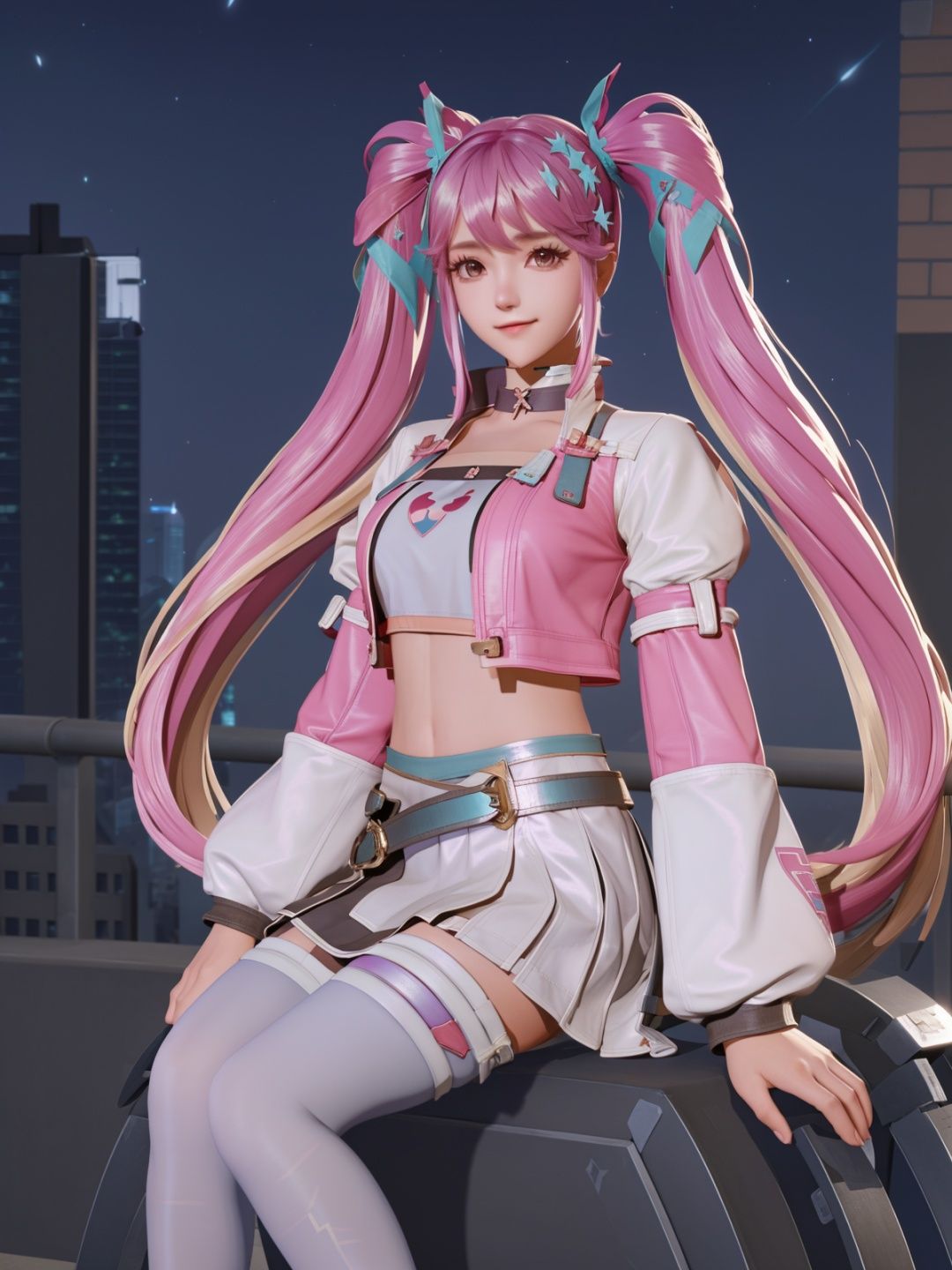 twintails, hair ornament, crop top,cityscape, night, standing, looking at viewer, long sleeves, puffy sleeves, choker, multicolored hair, jacket, navel,belt, thighhighs, long hair, skirt, standing, sitting,chair,bedroom,   <lora:SUNSHANGXIANGchenwenXY_20230713232058-000015:0.8>
