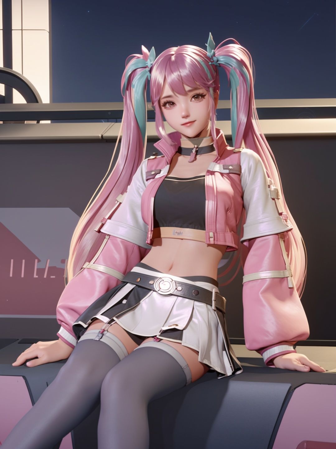 twintails, hair ornament, crop top,  <lora:SUNSHANGXIANGchenwenXY_20230713232058:0.8>,cityscape, night, standing, looking at viewer, long sleeves, puffy sleeves, choker, multicolored hair,jacket, navel,belt, thighhighs, sitting,desk,bedroom,long hair, skirt, 