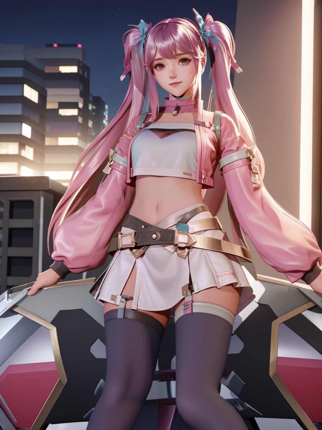 twintails, hair ornament, crop top,cityscape, night, standing, looking at viewer, long sleeves, puffy sleeves, choker, multicolored hair,jacket, navel,belt, thighhighs, long hair, skirt, standing, sitting,chair,bedroom,   <lora:SUNSHANGXIANGchenwenXY_20230713232058-000015:0.8>