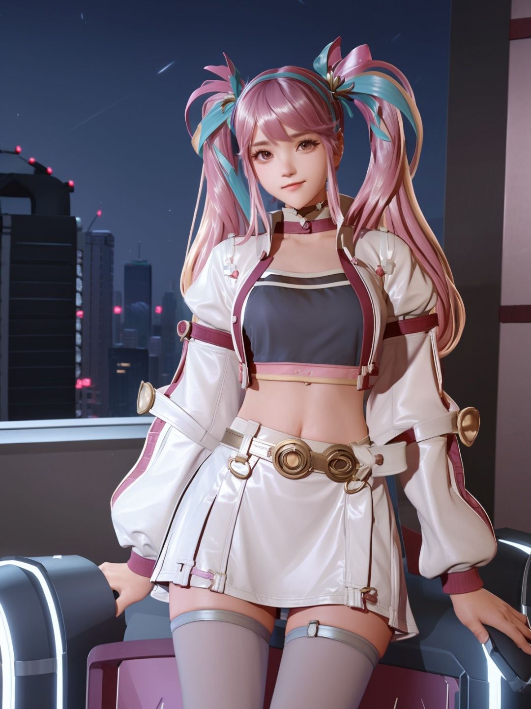 twintails, hair ornament, crop top,cityscape, night, standing, looking at viewer, long sleeves, puffy sleeves, choker, multicolored hair, jacket, navel,belt, thighhighs, long hair, skirt, standing, sitting,chair,bedroom,   <lora:SUNSHANGXIANGchenwenXY_20230713232058-000015:0.8>