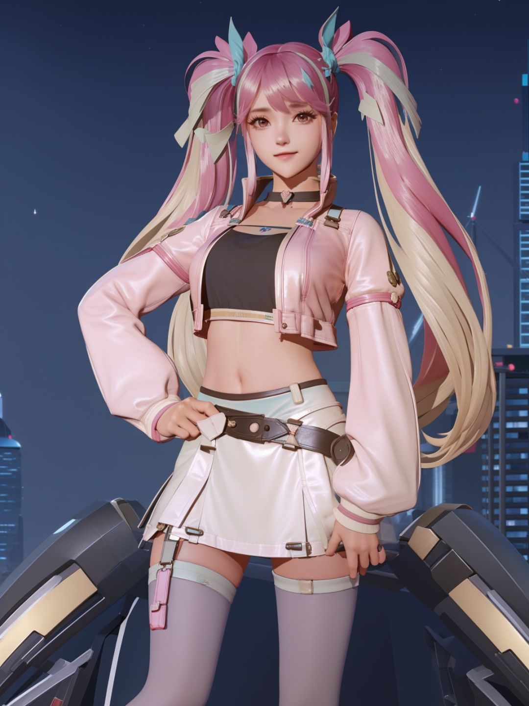 twintails, hair ornament, crop top,cityscape, night, standing, looking at viewer, long sleeves, puffy sleeves, choker, multicolored hair, jacket, navel,belt, thighhighs, long hair, skirt, standing, sitting,chair,bedroom,   <lora:SUNSHANGXIANGchenwenXY_20230713232058-000015:0.8>