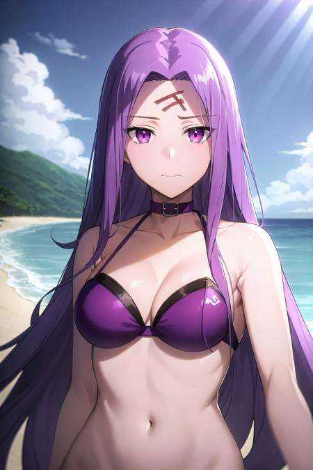 best quality, (masterpiece:1.2), highly detailed,<lora:chara_FateStayNightUBW_Backgrounds_v1:0.3>, fate/stay background, sunrays, beach, water, splash,<lora:chara_FateStayNightUBW_Medusa(Rider)_v1_1:0.8>, medusa_ubw, upper body,1girl, solo, standing, looking at the viewer, closed mouth, slight smile,absurdly long hair, purple hair, floating hair, purple eyes, medium breasts,choker, purple bikini