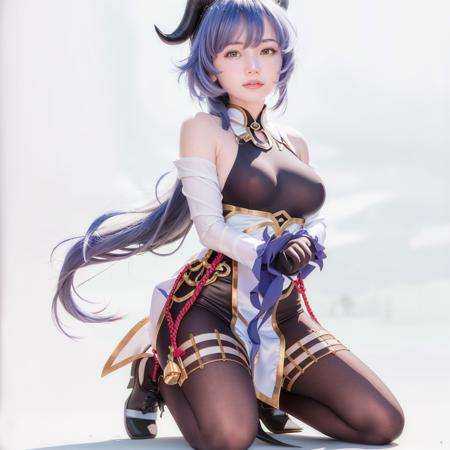 masterpiece, best quality,1girl, solo, ganyu (genshin impact), horns, long hair, blue hair, breasts, gloves, white background, detached sleeves, looking at viewer, ahoge, bare shoulders, bell, black gloves, kneeling, high heels, bangs, full body, medium breasts, simple background, goat horns, smile, pantyhose, white footwear, parted lips, low ponytail, purple eyes,kbxll