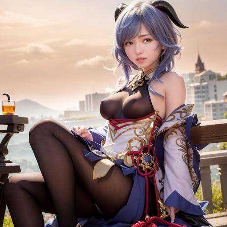 ganyu_\(genshin_impact\), horns, bell, breasts, detached_sleeves, sitting, blue_hair, bare_shoulders, goat_horns, medium_breasts, looking_at_viewer, 1girl, bird, cowbell, blurry, solo, blurry_background, sunset, sky,kbxll