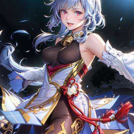 masterpiece, best quality,1girl, breasts, solo,white background,simple background, ganyu (genshin impact), horns, long hair, blue hair, looking at viewer, detached sleeves, bare shoulders, bell, ahoge, open mouth, blush, leotard, bangs, gold trim, bodystocking, smile, purple eyes, covered navel, pantyhose, groin, white sleeves, leotard under clothes, medium breasts, tassel, thighlet, thighs, neck bell,kbxll