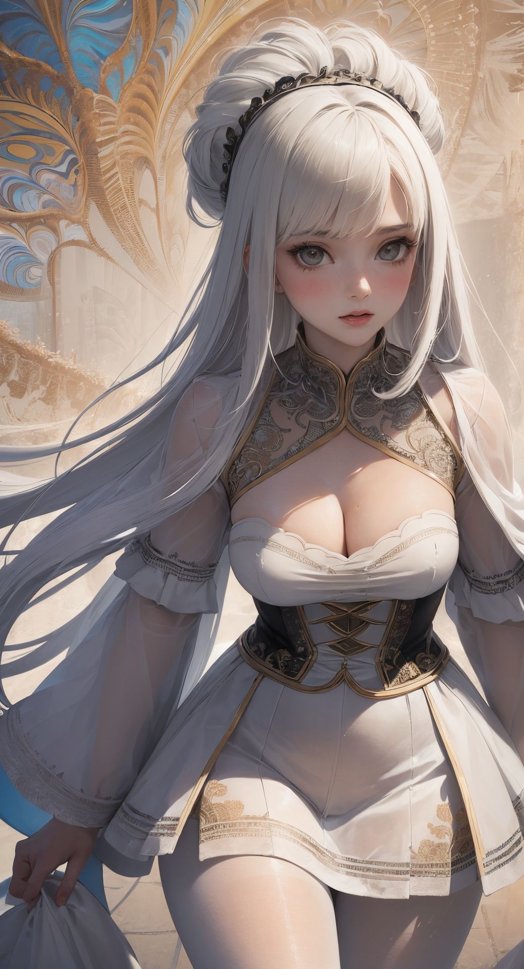 (masterpiece, top quality, best quality, official art, beautiful and aesthetic:1.2), (1girl), extreme detailed,(fractal art:1.3), colorful, highest detailed, white hair, white skirt, looking at viewer, ((white pantyhose)),  <lora:AWPV2:0.9>