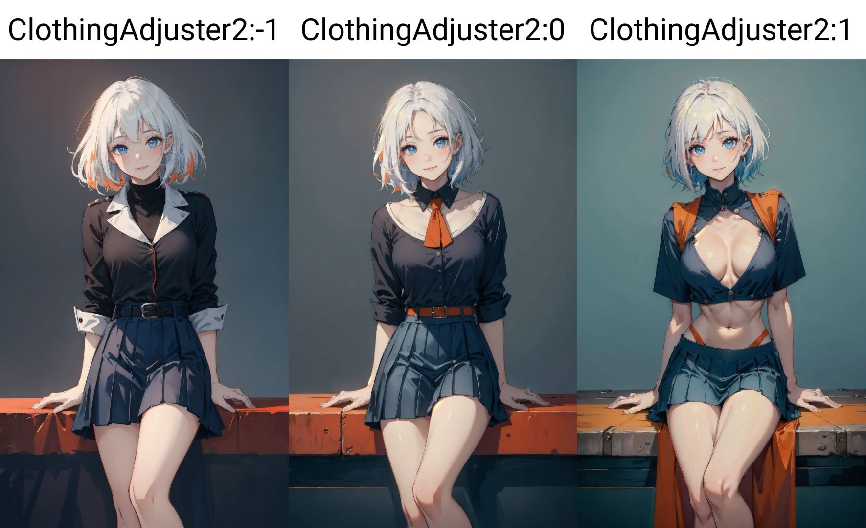 <lora:ClothingAdjuster2:-1>, fashion portrait of Exotic young 1girl, cute and pretty, Smart casual, fluffy cropped white hair, (looking at viewer, blue eyes:1.2), slightly shy smile, waist up, dramatic lighting, from below, (Minimalist blue and orange ackground, simple background), uniform, pleated skirt,  <lora:leolux:0.2>