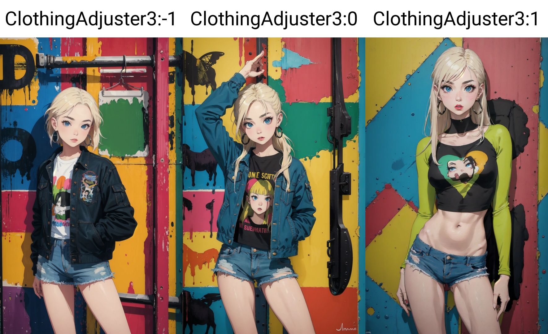 <lora:ClothingAdjuster3:-1>, (masterpiece:1.4, best quality), (intricate details), unity 8k wallpaper, ultra detailed, a Cayman Islander girl, Amusement, Pop art itself as a subject, Denim jacket, graphic tee, and shorts, long hair, very long hair, medium blonde, Hoop earrings, Bold and dramatic brows with a defined arch, (Contemporary), (Jim Dine:1.4), (Pop art fashion illustrations:1),