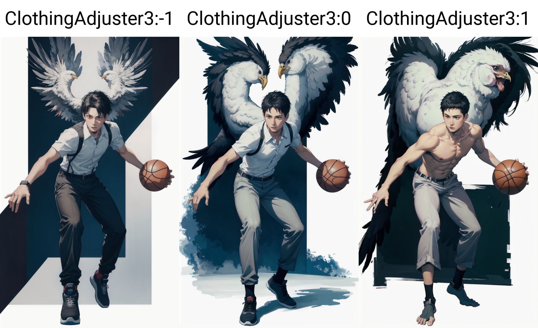 <lora:ClothingAdjuster3:-1>, 1man palying basketball, masterpiece,best quality,ultra high res,realistic skin, (chicken), ((Braces trousers)),  white background, simple background