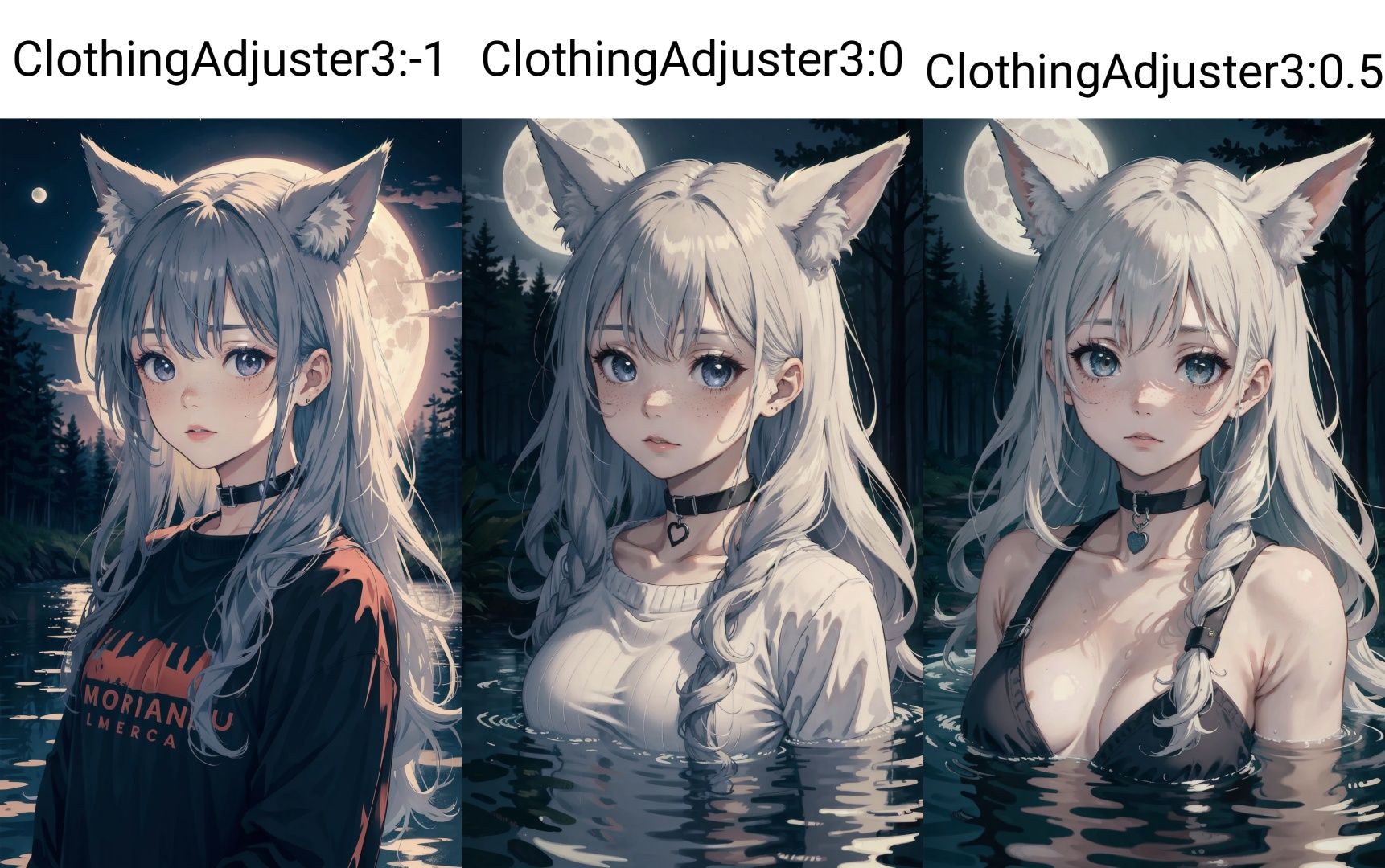 <lora:ClothingAdjuster3:-1>, 1girl, in water, freckles, ripples, long hair, wavy hair, upper body, forest, fox ear, choker, looking at viewer, moon, night, dark photo, blurry background, pullover