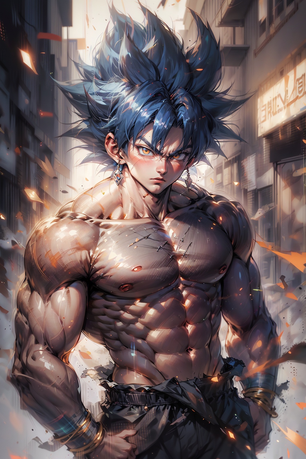 1 boy,(male focus:1.1),(male muscles:1.2),SAIYA,(looking at viewer),(white eye:1.2),(pectoral),(abdominal muscle),(big muscle),super saiyan,(blue hair:1.2),(urban setting:1.3),