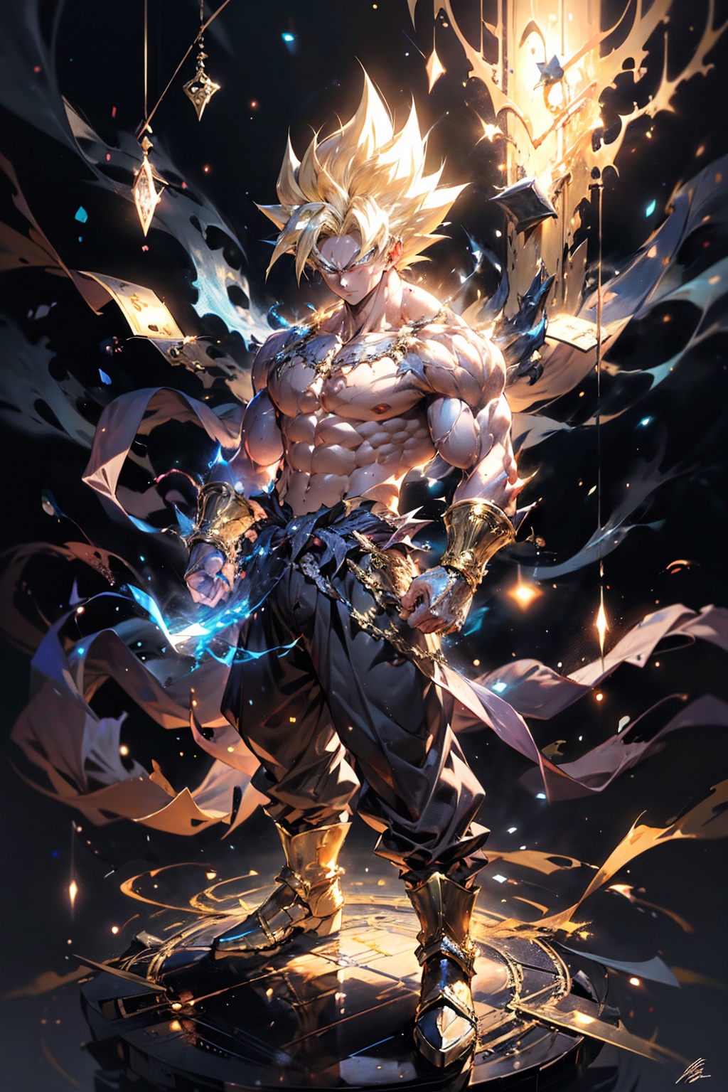 1 boy,((full body:1.2)),(stand),(male focus:1.1),(male muscles:1.2),SAIYA,(looking at viewer),(white eye:1.2),(pectoral),(abdominal muscle),(big muscle),super saiyan,(golden hair:1.2),(urban setting:1.3),