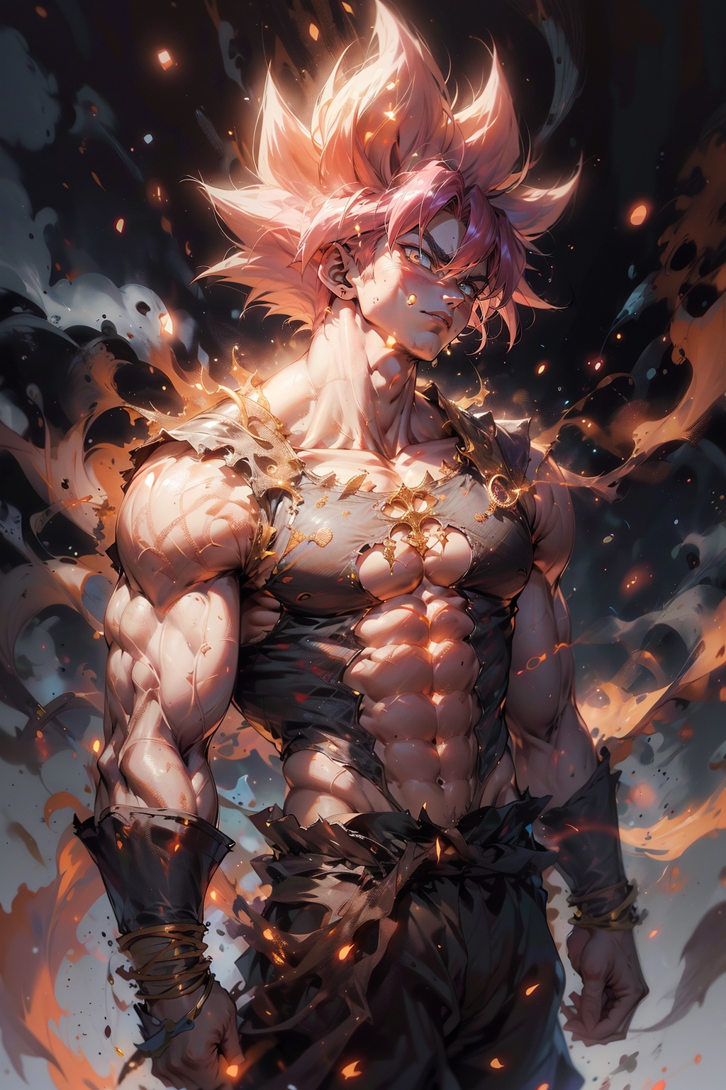 1 boy,(male focus:1.1),(male muscles:1.2),SAIYA,(looking at viewer),(white eye:1.2),(pectoral),(abdominal muscle),(big muscle),(pink hair:1.2),super saiyan,