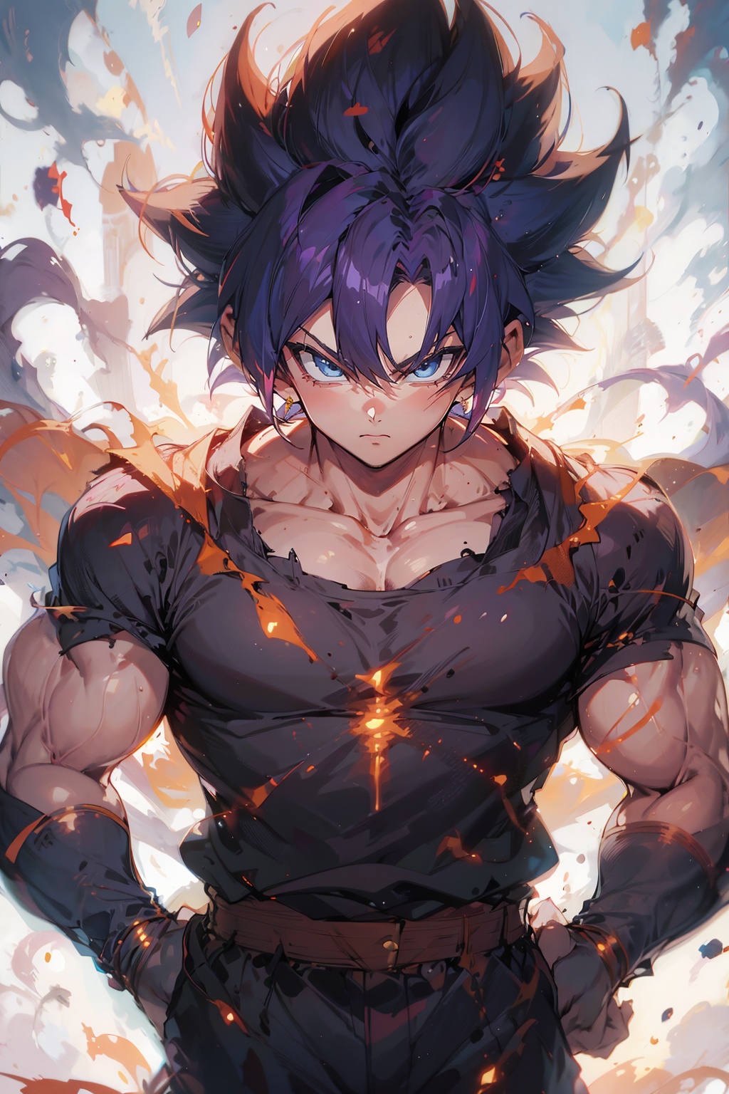 1 boy,(male focus:1.1),(male muscles:1.2),SAIYA,super saiyan,(purple hair:1.2),(looking at viewer),blue eyes,super saiyan 1 <lora:SAIYA_20230713174446-000016:0.9>,