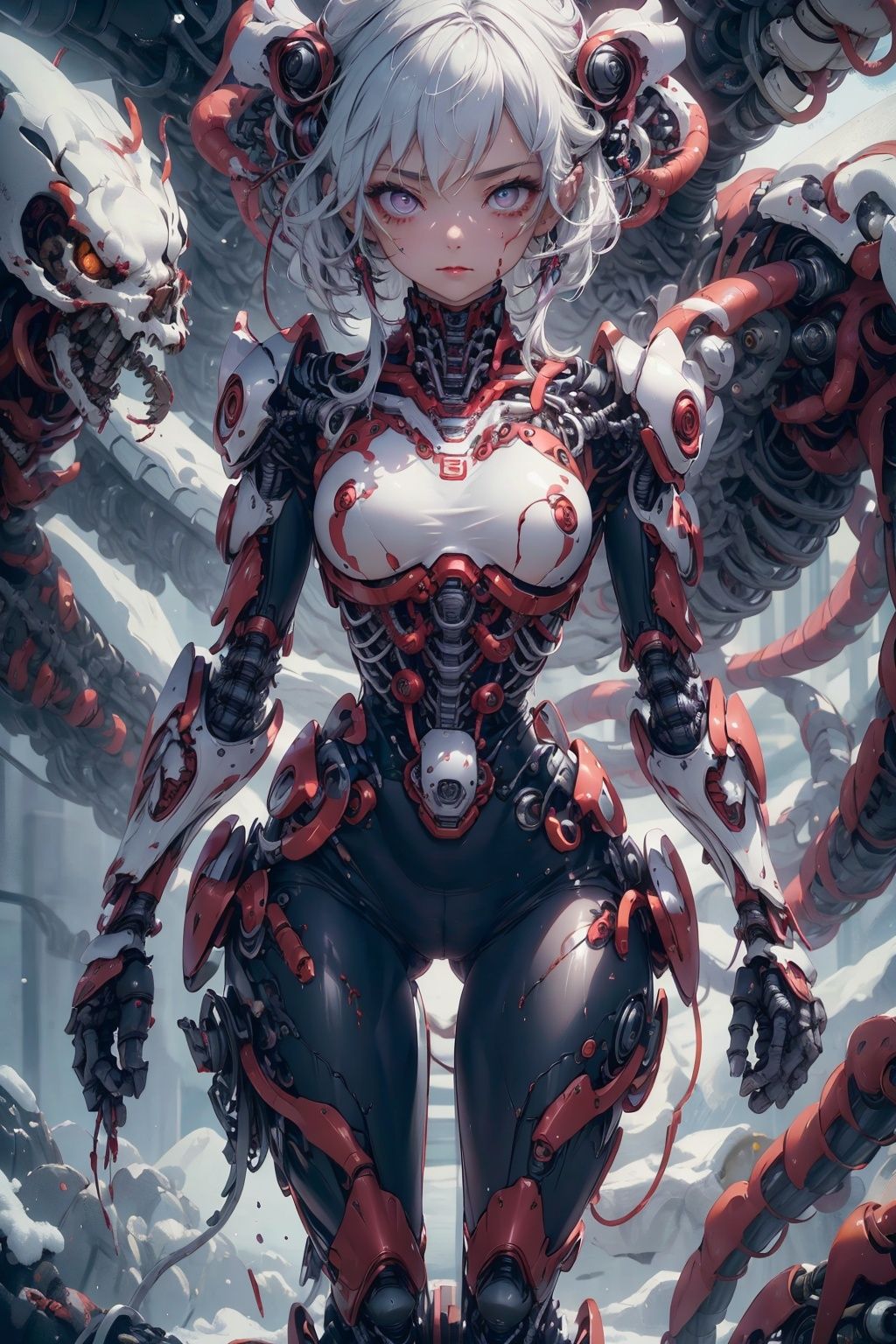 Masterpiece-level best_quality, concept artwork, a lonely solo girl, a necromancer character from the game "League of Legends", with snow-white hair, centipede-like tentacles wrapped around, blood flowing from the body, wearing PVC shell, mechanical exoskeleton device equipment, creating avant-garde and terrifying visual effect.,32k,Hd