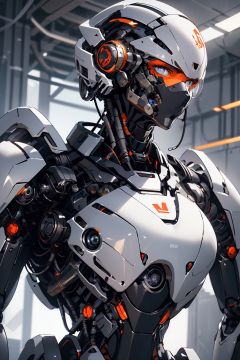 Advanced cyborg with a confident and imposing stance, depicted in a futuristic and sci-fi style with a closeup view. Featuring futuristic technologies and metallic materials, set against a dark and mechanical background with sharp and contrasting lighting. Rendered in a realistic and detailed style, showcasing the complexity and advanced nature of the cyborg. 